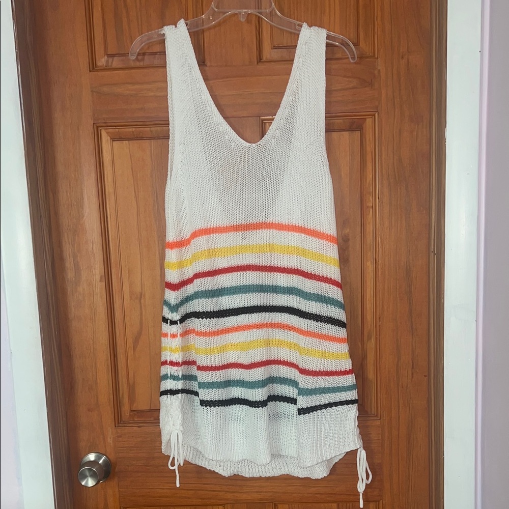SHEIN White Knit Swim Coverup with Multicolor Stripes